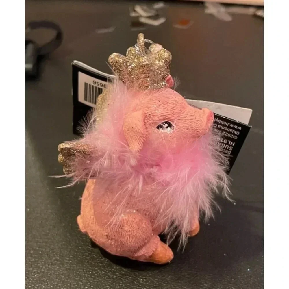 Pink‎ Glitter Pig Princess Queen Christmas Ornament Boa Gold Crown Wings NEW